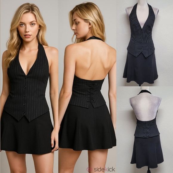 Vintage Dresses & Skirts - The Limited Rare Vintage Black Pinstripe Backless Halter Vest Flared Mini Skirt